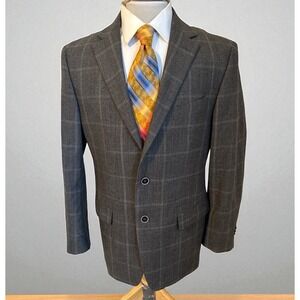Joseph Abboud Heritage Wool Sport Coat Gray Brown Plaid‎ Zignone Sz 42R Jacket